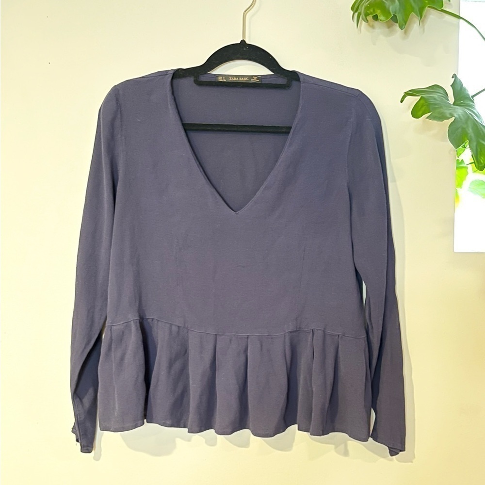 Zara Basic Navy Top V Neck Long Sleeve Peplum